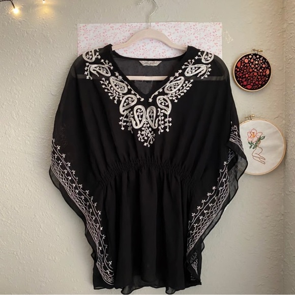 Fun & Flirt Black Boho Embroidered Sheer Tunic Top | Flowy Kimono Sleeve - Picture 4 of 14